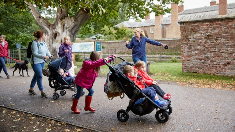 A group of people are walking along a path near some red-bricked buildings and trees, pushing a pushchair with young children, and dogs on leads.